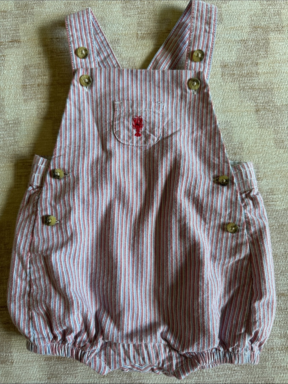 Janie and Jack Red, White, & Blue Striped Short Overalls Lobster Embroidery 3-6M